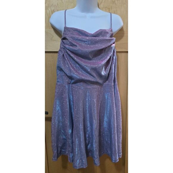 Shimmering Purple Glitter Spaghetti Strap Romper With Draped Front & Adjustable - Picture 1 of 10